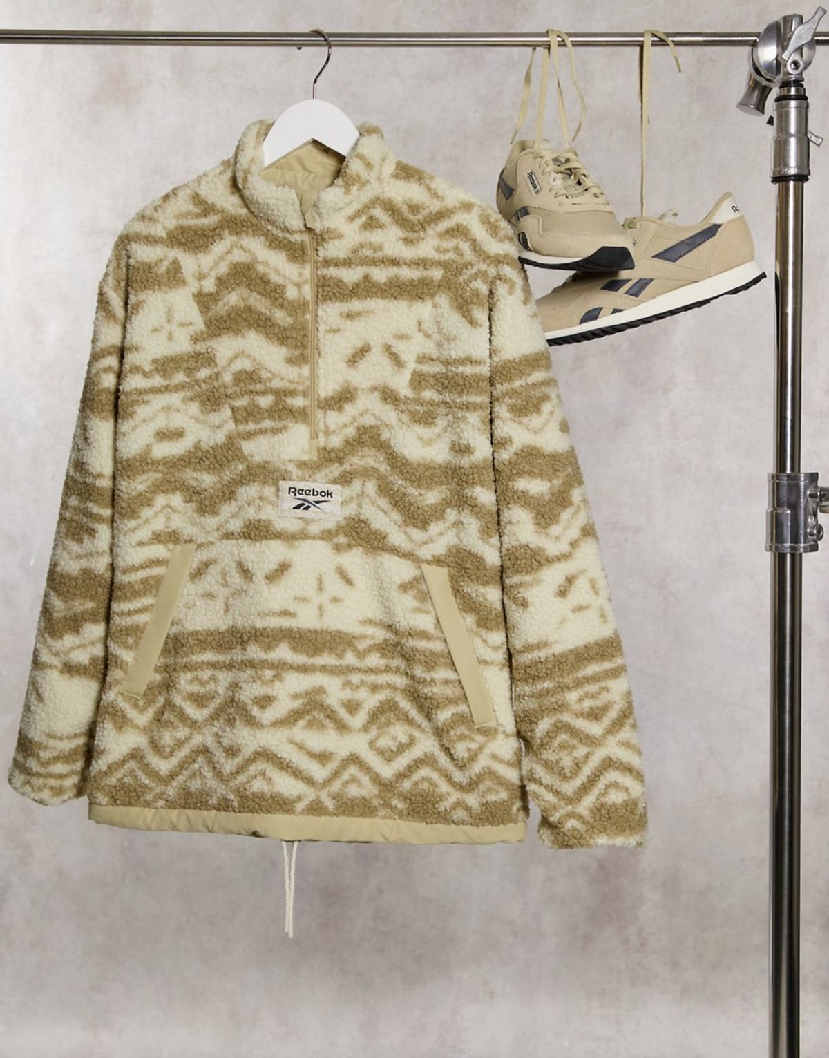 Reebok Classics Printed Half Zip Fleece Jacket In Beige