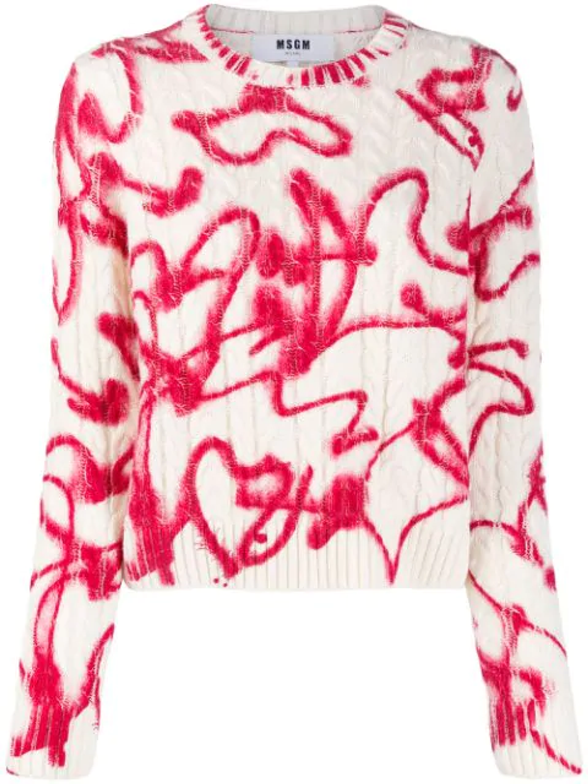 MSGM Graffiti-Print Cable-knit Sweater In White
