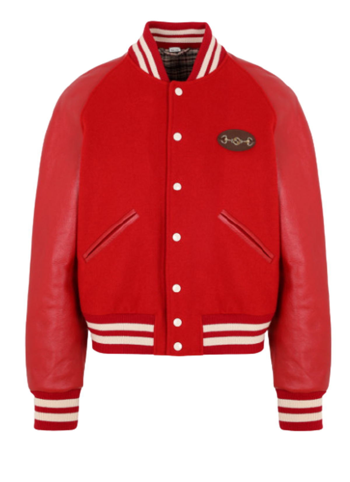 Gucci Horsebit Leather Sleeve Wool Varsity Red Bomber Jacket