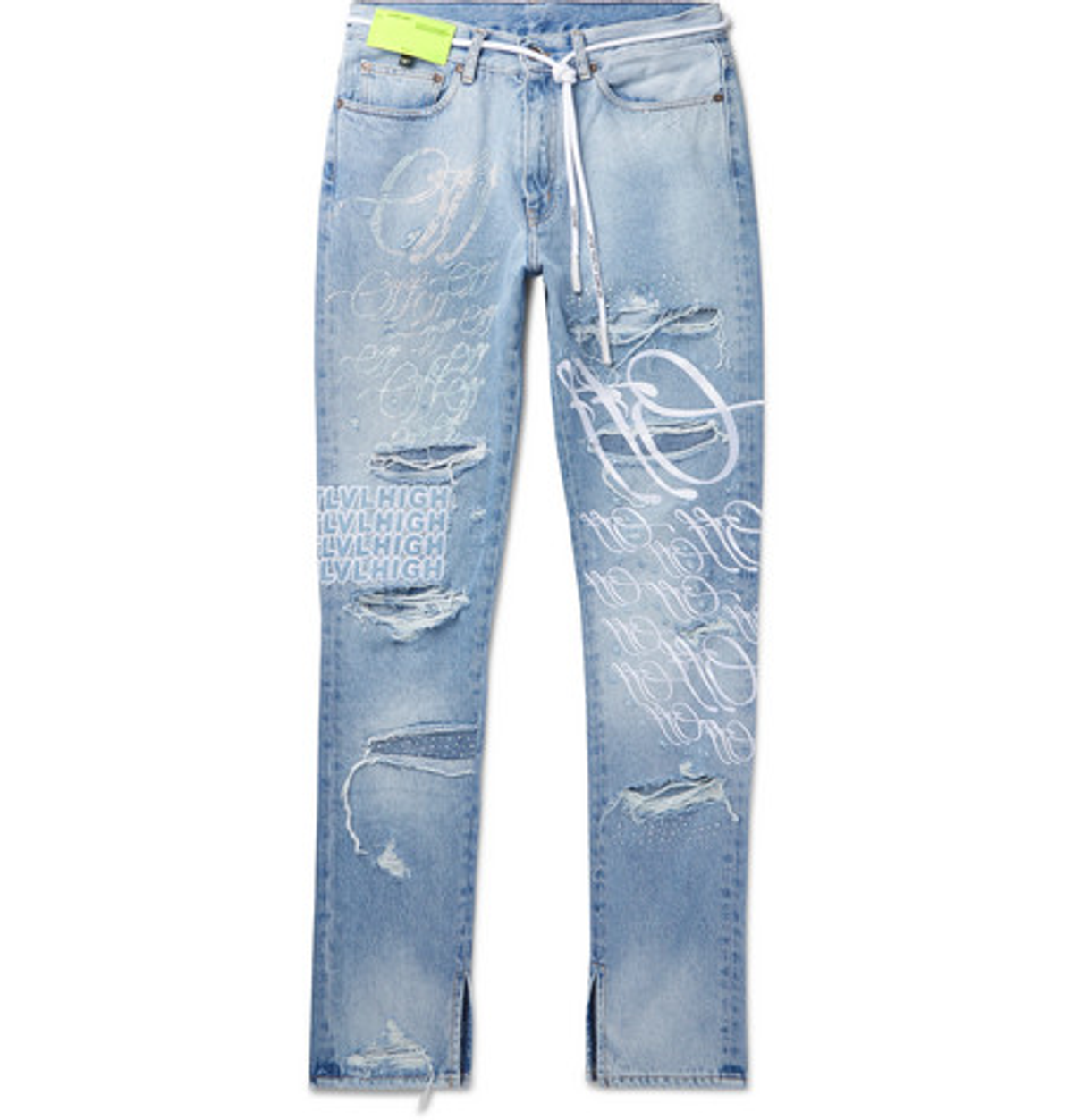 Off-White × Who Decides War Crystal Distressed Light Blue Denim Jeans