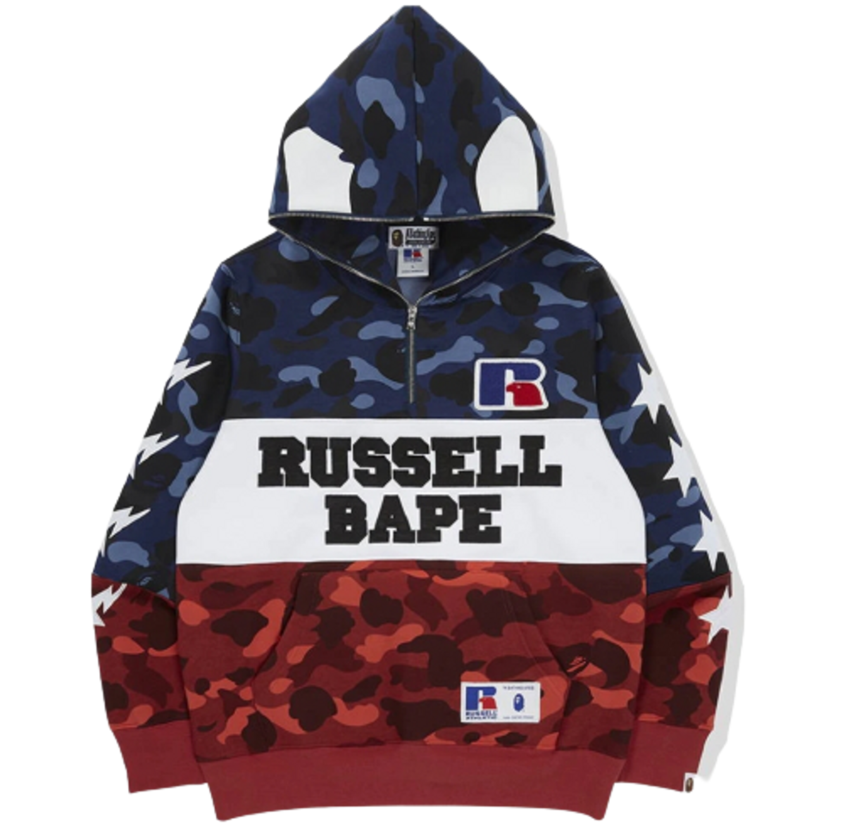 Bape × Russell Athletic Color Camo Ape Half Zip Pullover Red Blue White Hoodie