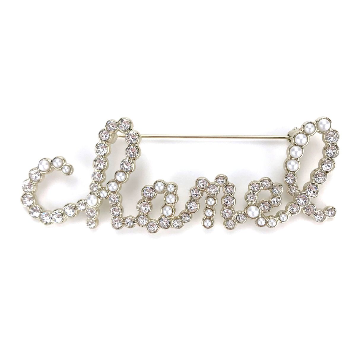 Chanel Scripted Crystal Pearl Brooch