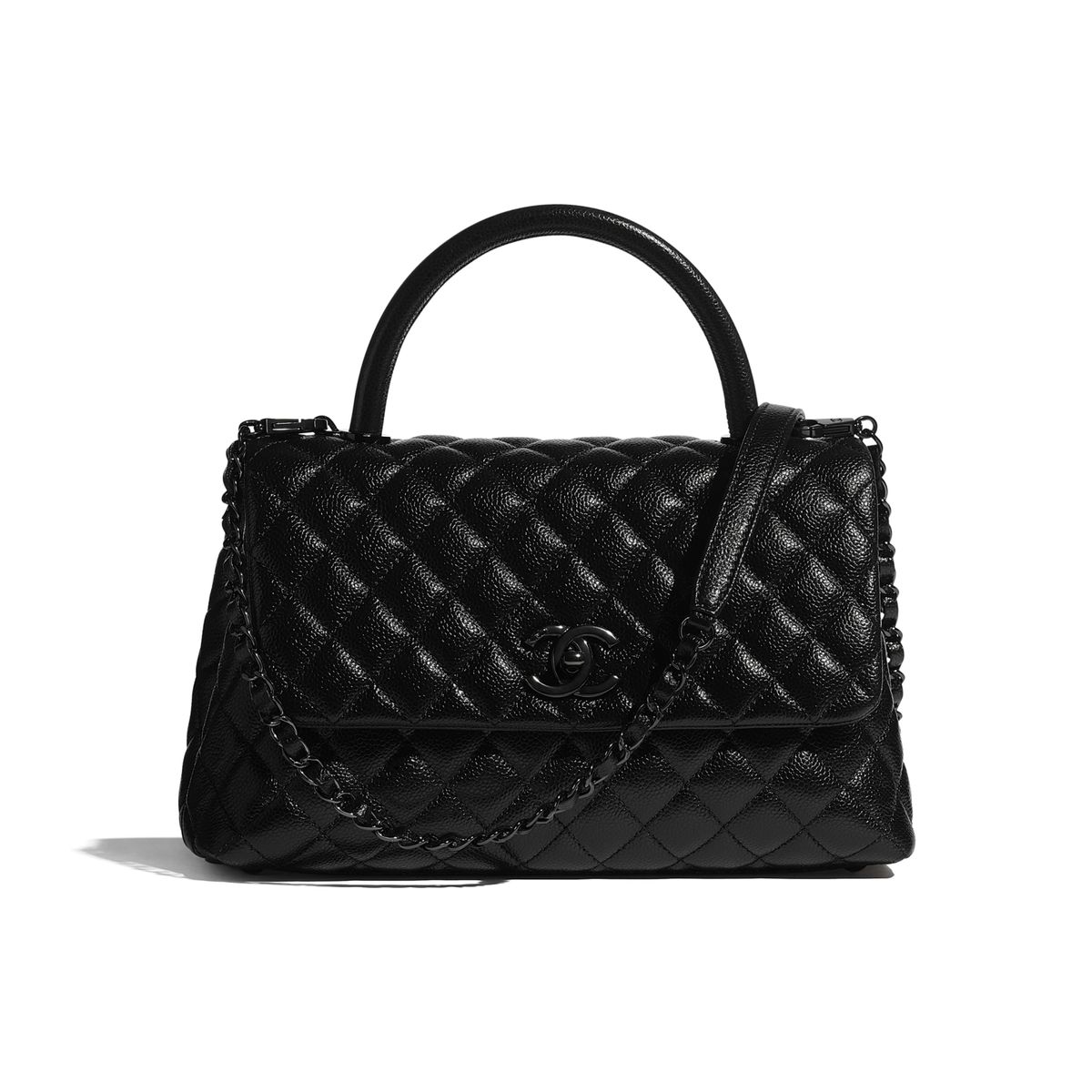 Chanel Flap Bag With Top Handle Grained Calfskin Black Metal Bag