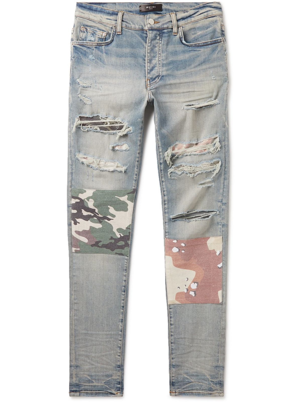 Amiri Skinny-Fit Patchwork Distressed Stretch-Denim Jeans