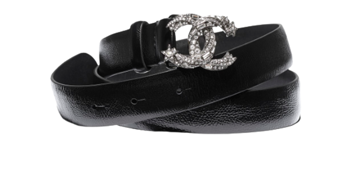 Chanel Calfskin Ruthenium Finish Metal Strass Black Belt