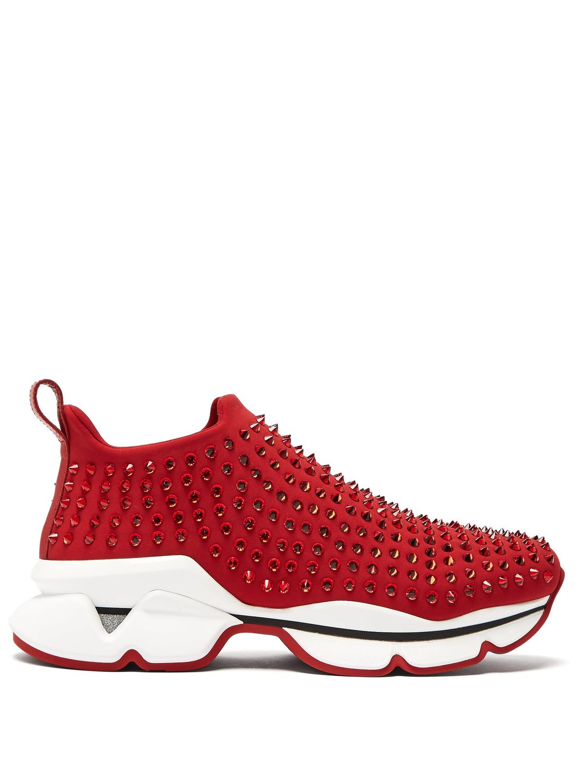 Christian Louboutin Spiky Sock Crystal Studded Neoprene Trainers In Red