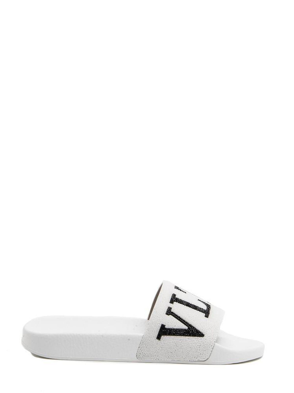 Valentino Crystal Logo Slide White Sandals