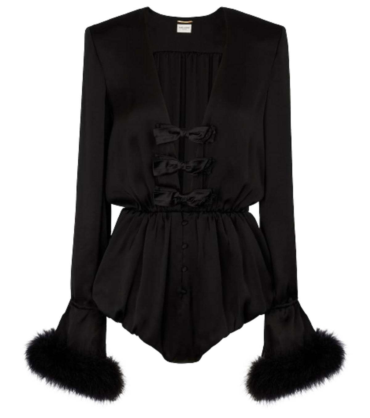 Saint Laurent Feather Trimmed Silk Satin Black Playsuit