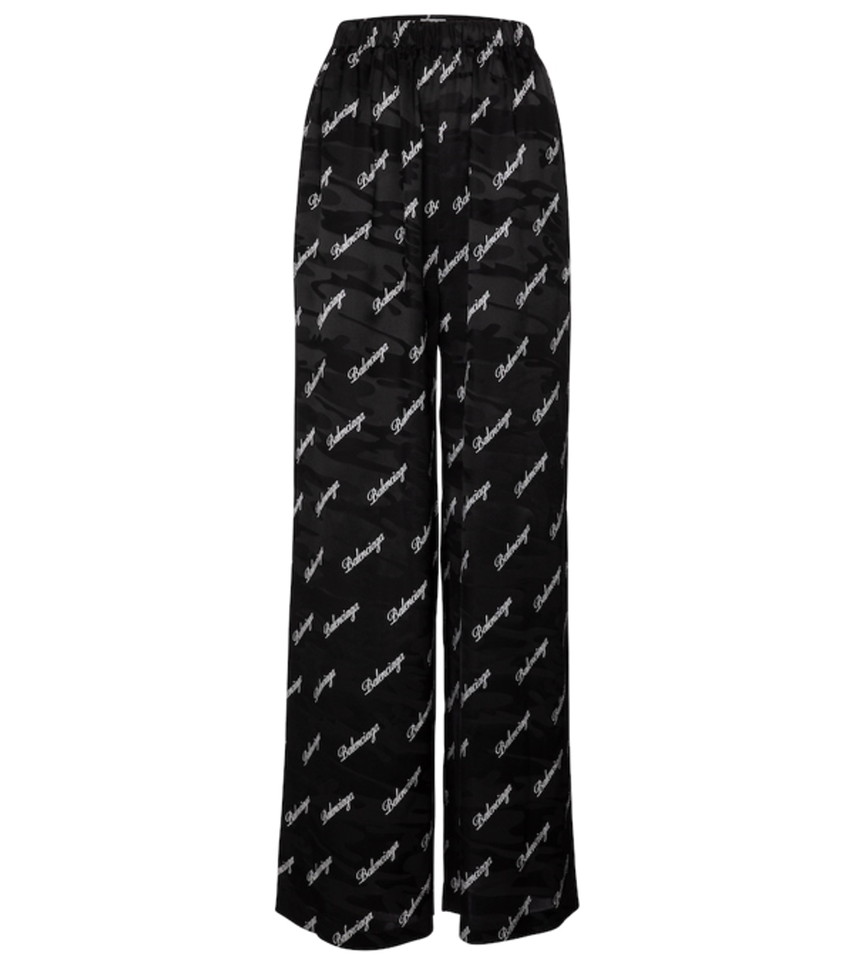 Balenciaga Logo Script Jacquard Silk Wide Leg Black Pants