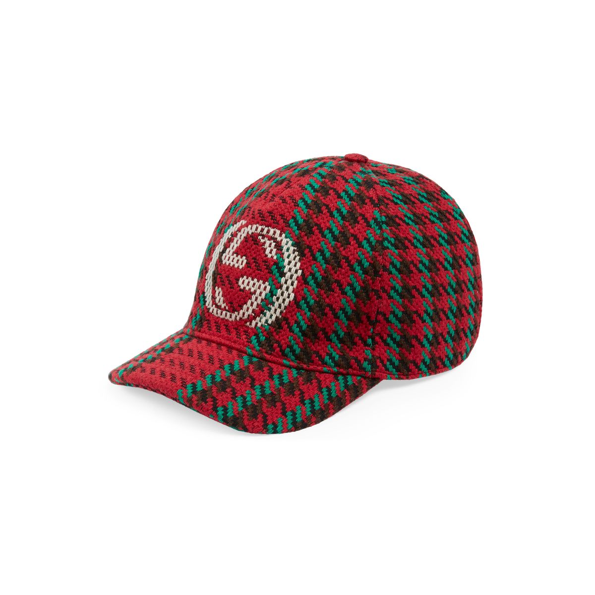 Gucci Houndstooth Baseball Hat With Interlocking G In Red And Green