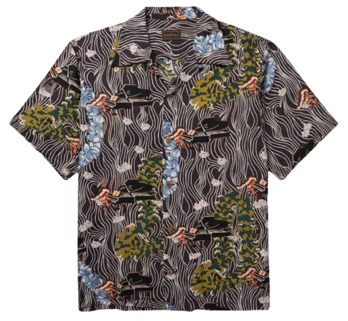 Kapital Convertible-Collar Printed Voile Black Shirt