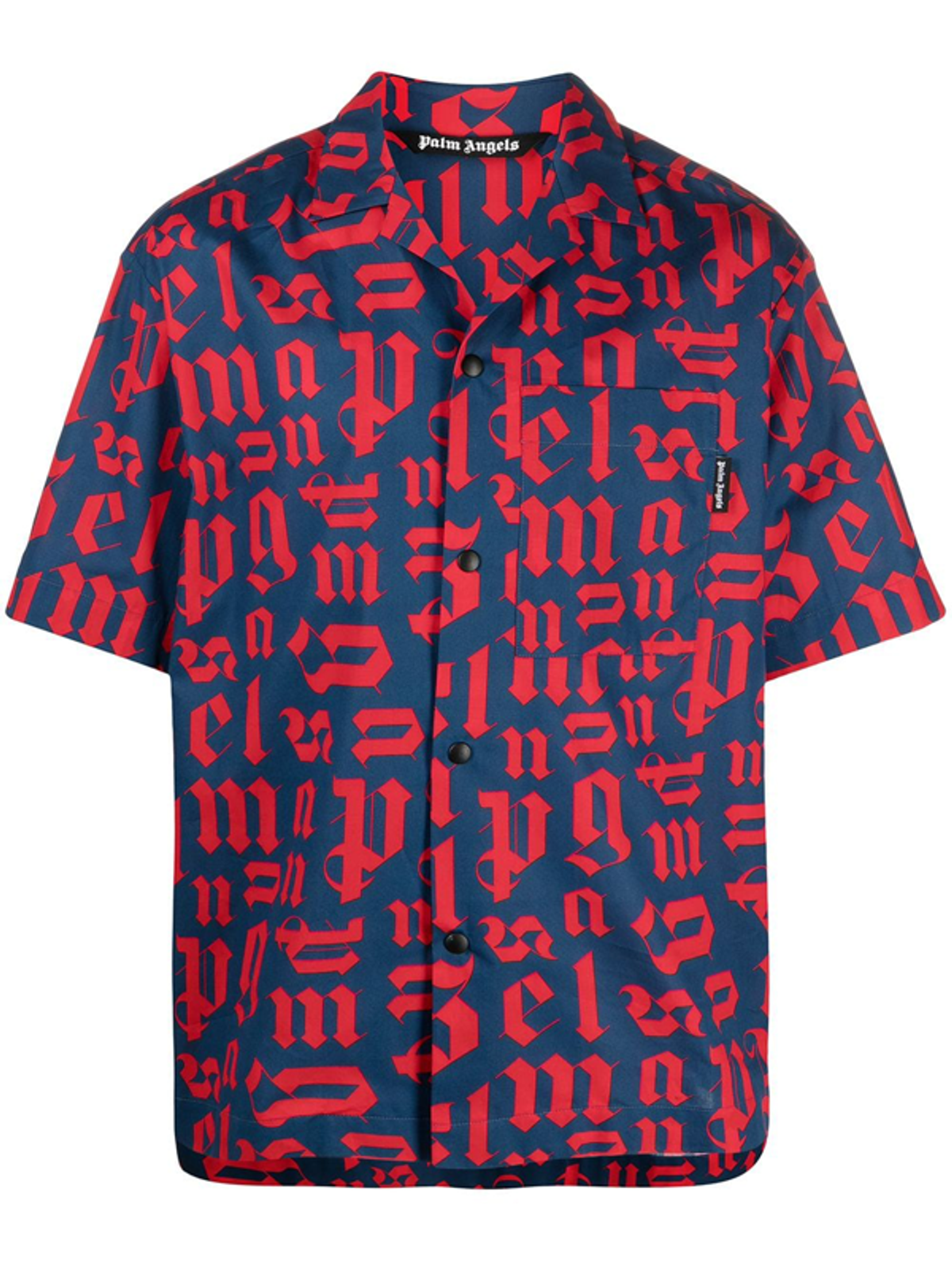 Palm Angels Logo Print Short Sleeve Blue Bowling Shirt