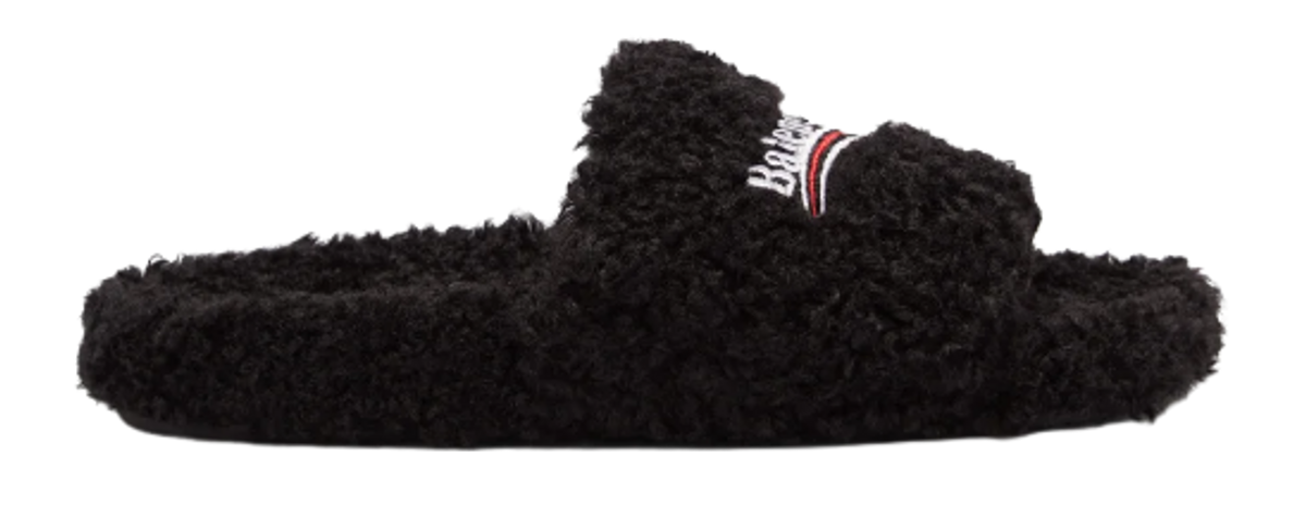 Balenciaga Furry Political Campaign Faux Black Shearling Slippers