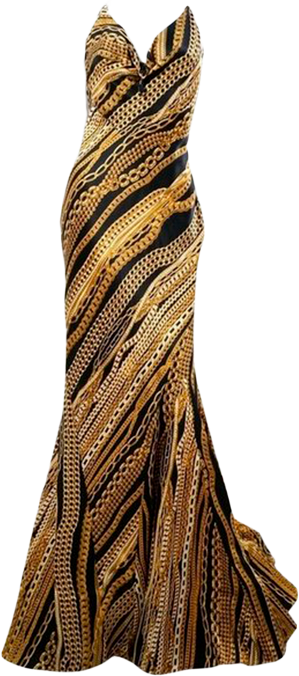 Roberto Cavalli Chain Print Halter Cowl Neck Gown