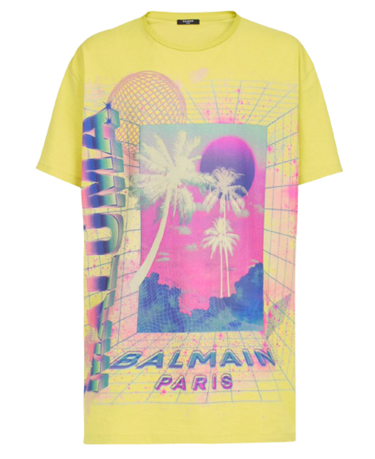 Balmain Oversized Multicolor Balmain Logo Print Lime-Green Cotton T-Shirt