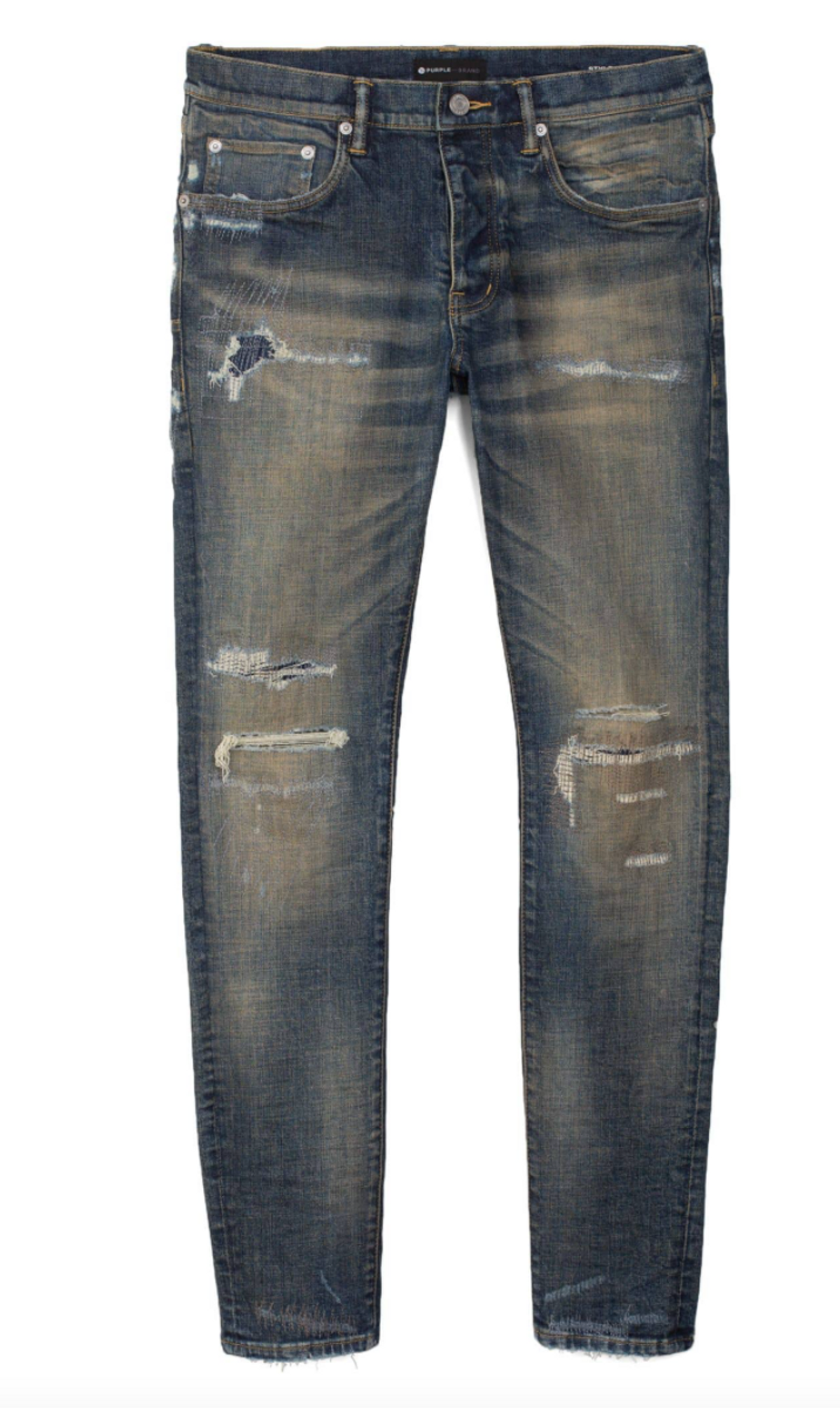 Purple Brand P001 Low Rise With Slim Leg Wash Dirty Indigo Repair Jeans