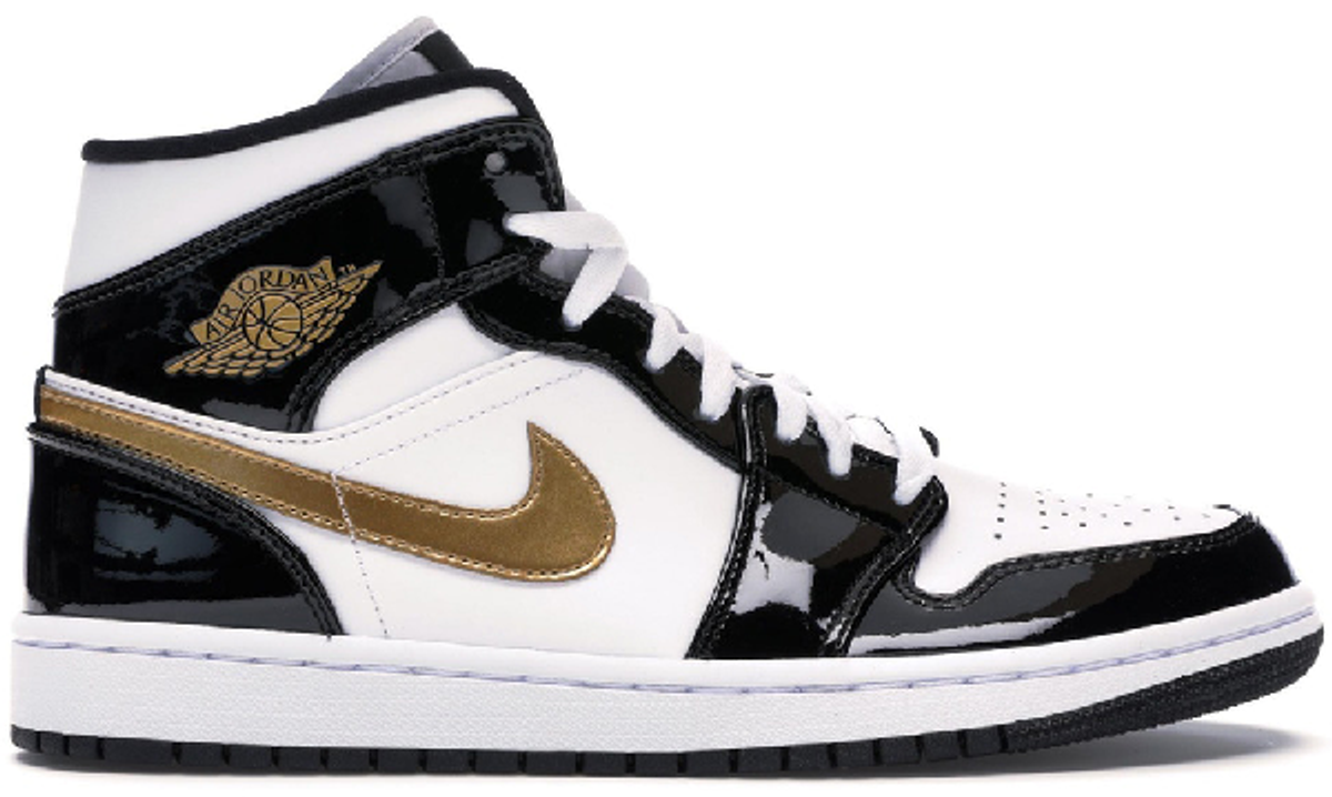 Nike Air Jordan 1 Mid Patent Black White Gold Sneakers