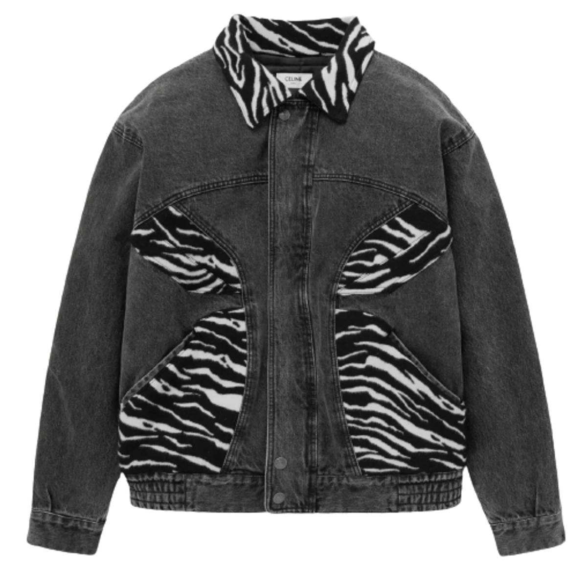 Celine Oversized Panelled Denim and Zebra-Print Felt Bomber