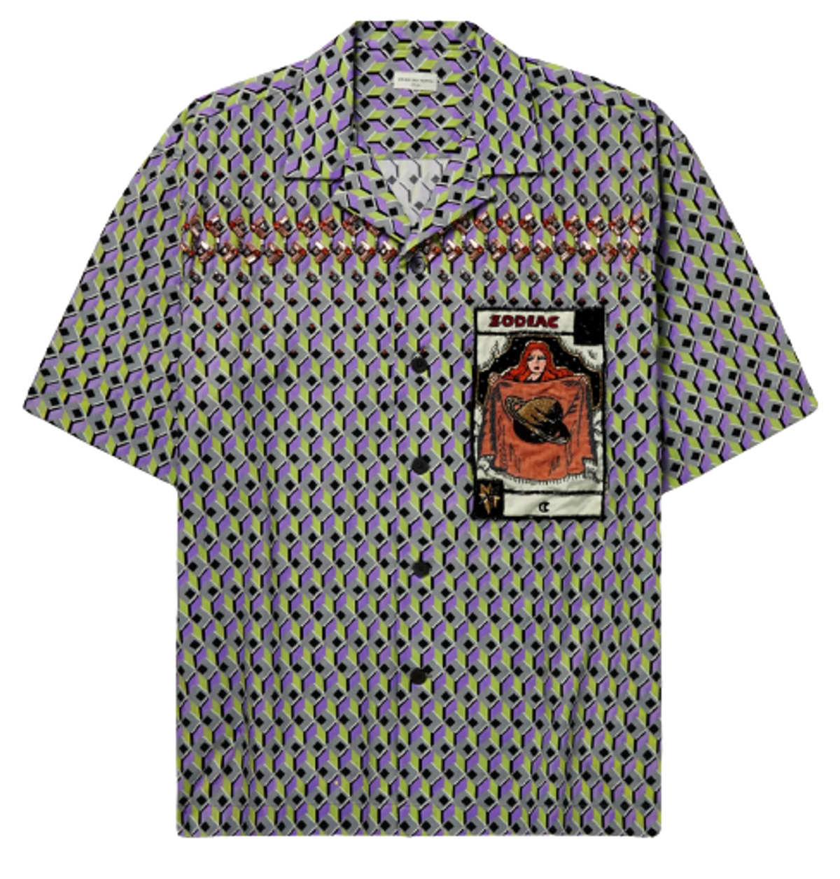 Dries Van Noten Camp-Collar Embellished Appliquéd Printed Cotton-Poplin Shirt
