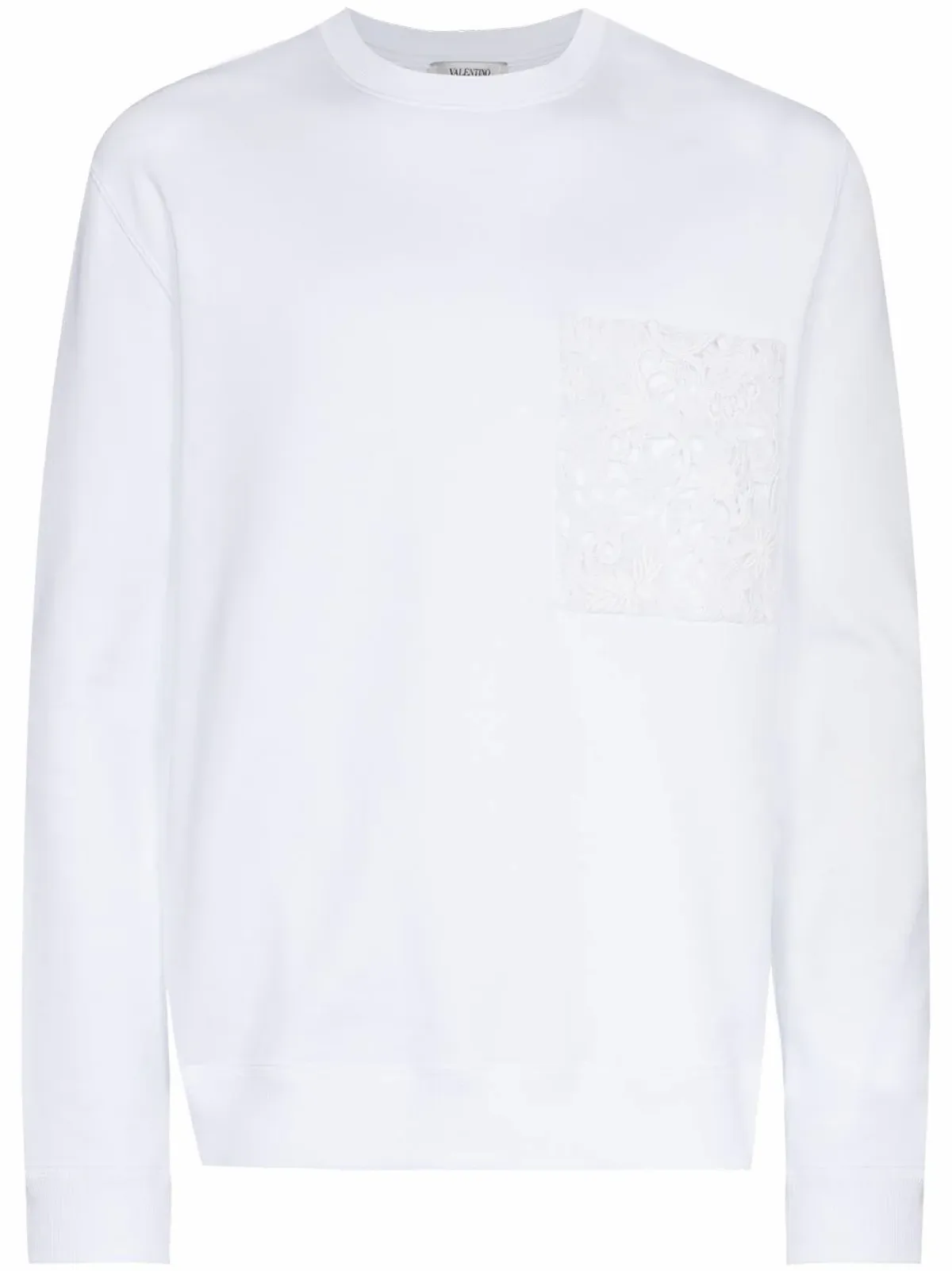 Valentino Crew-Neck Cotton Macrame Pocket White Sweatshirt