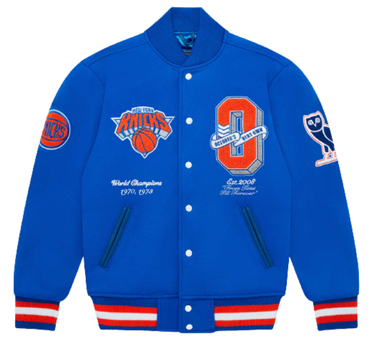 OVO × NBA Logo Knicks Blue Varsity Jacket