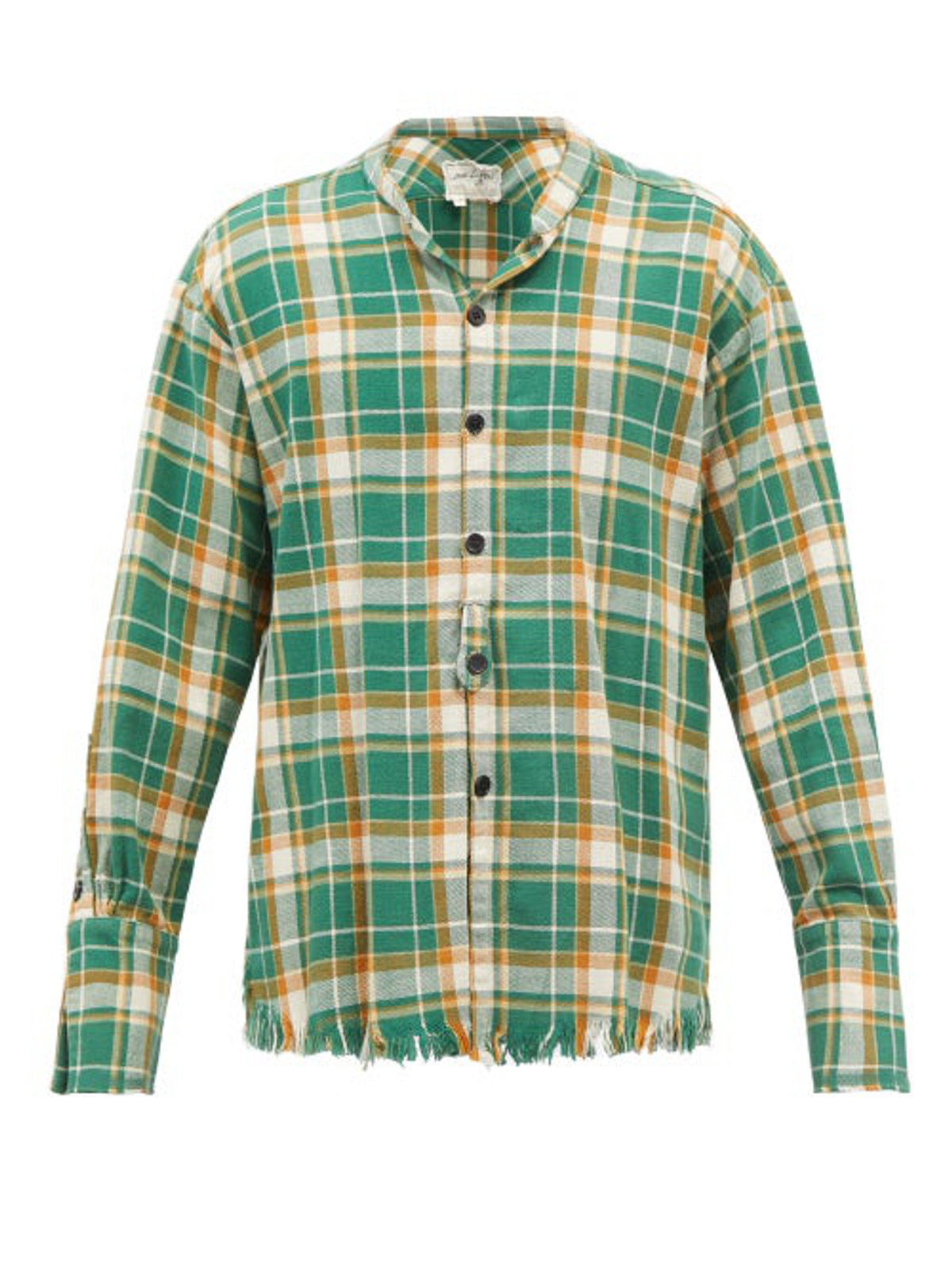 Greg Lauren Studio Raw-Edged Checked Cotton-Flannel Green Shirt