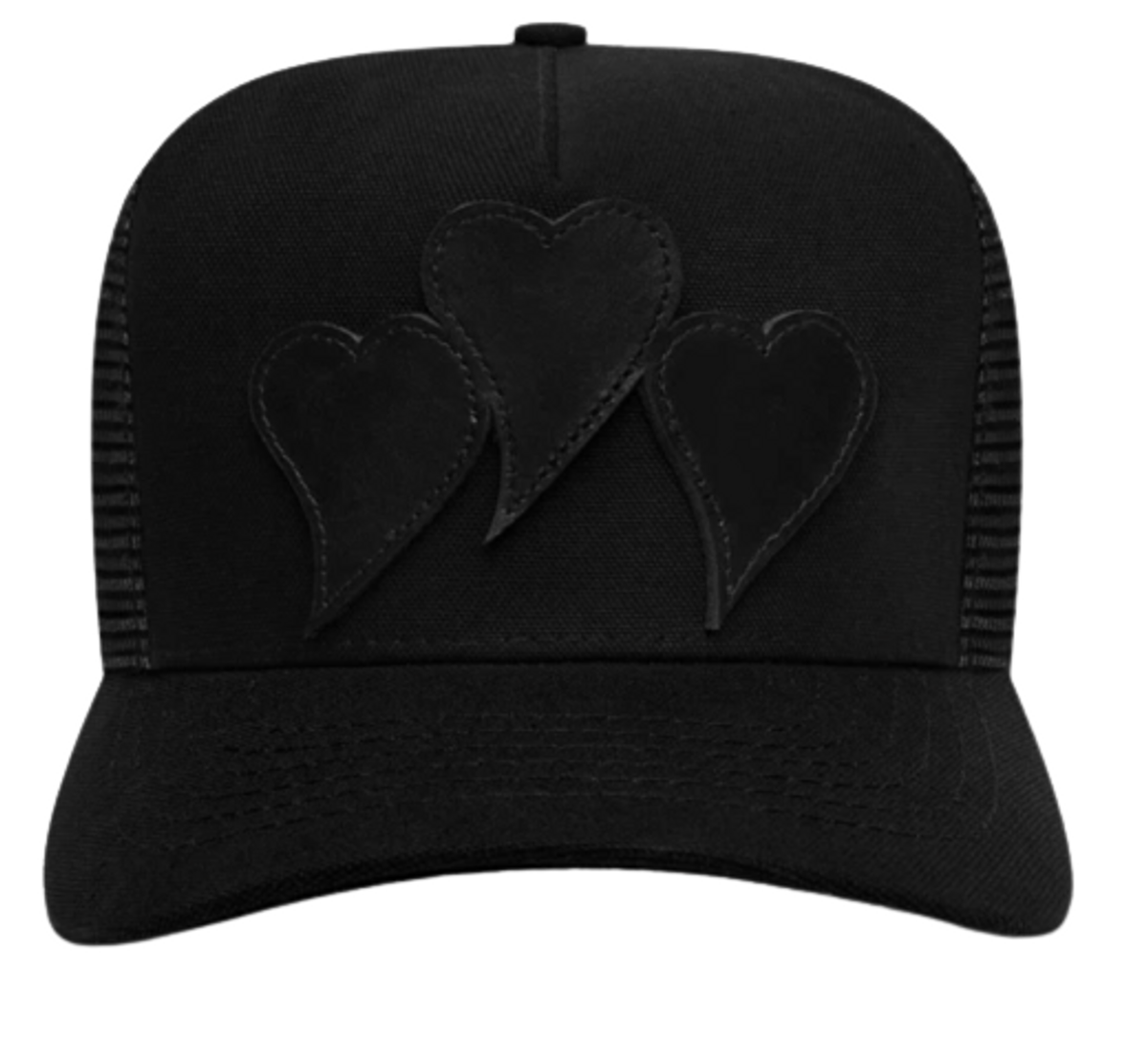 Amiri 3 Leather Heart Patches Black Trucker Cap | WHAT'S ON