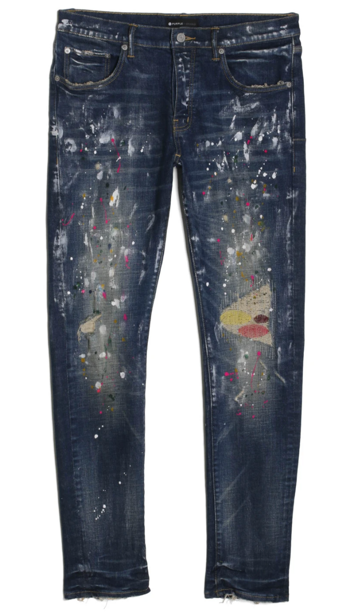 Purple Brand P001 Low Rise Slim Leg Wash Multicolour Repair Stitch Jeans