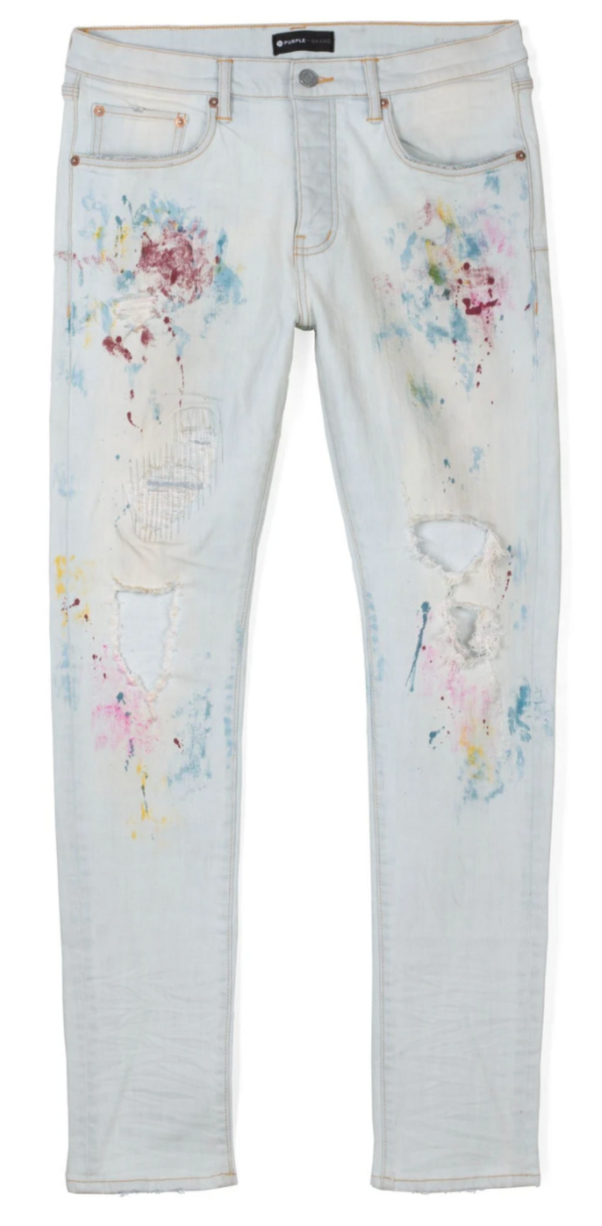 Purple Brand P001 Low Rise Skinny Wash Faded Blowout Paint Jeans