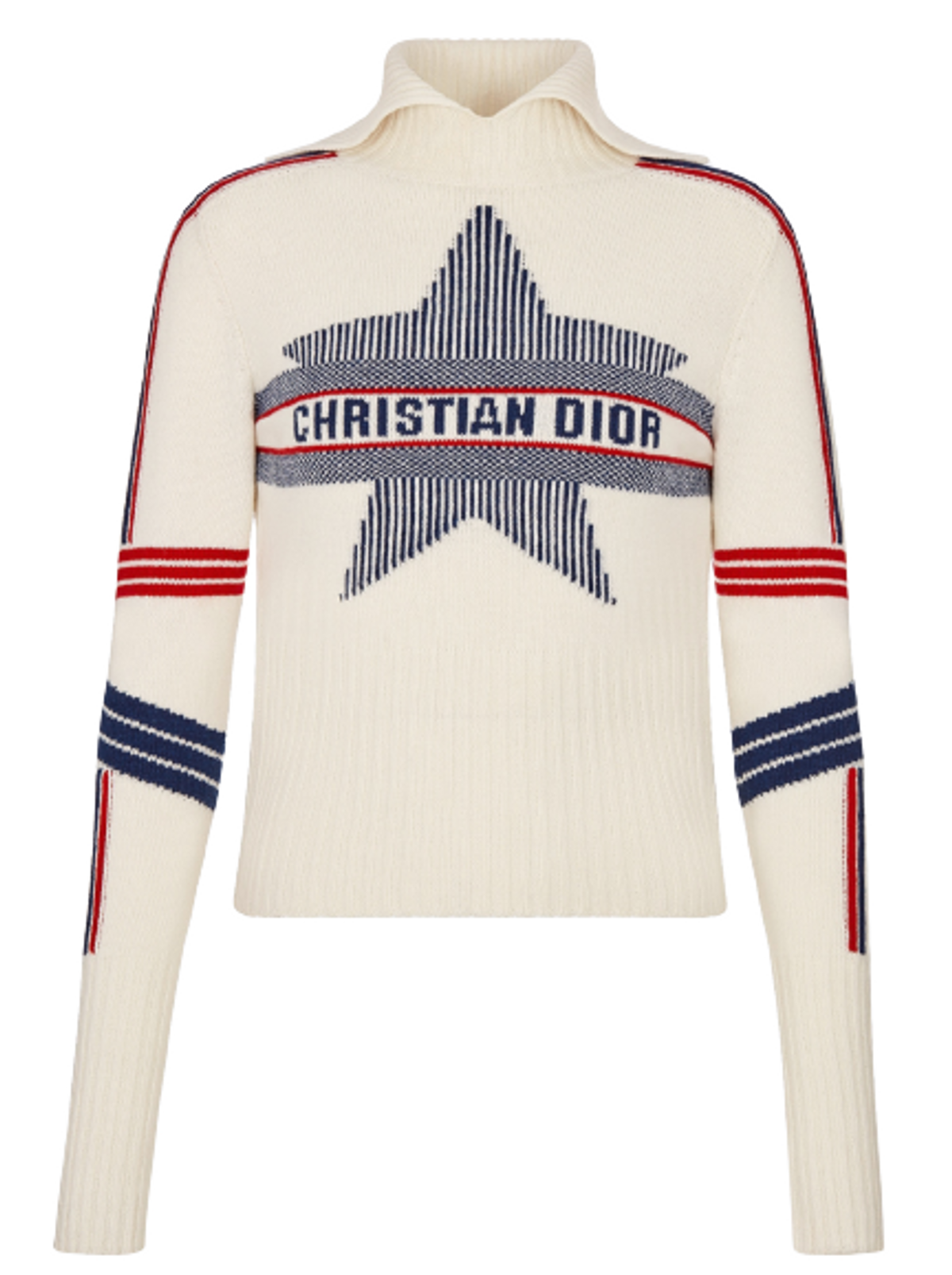 Dior Dioralps Stand Collar White Three-Tone Dior Star Wool Knit and Cashmere Sweater