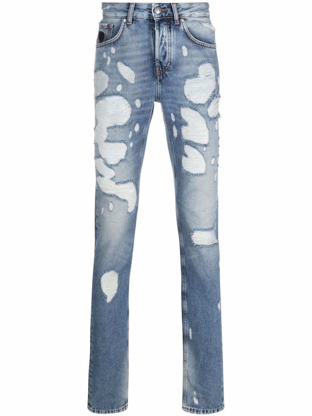 John Richmond Slogan-print Distressed Jeans In Blue