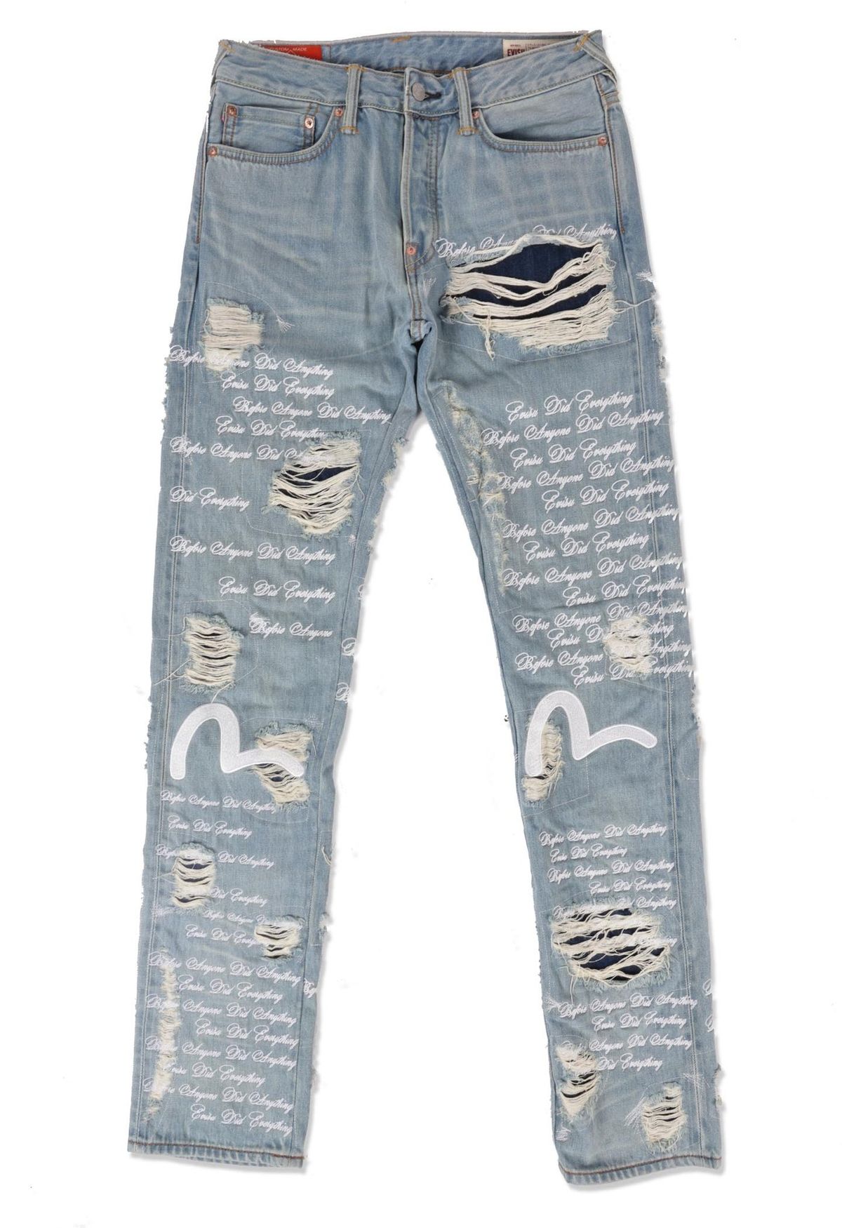 Evisu × Who Decides War Seagull Distressed Jeans