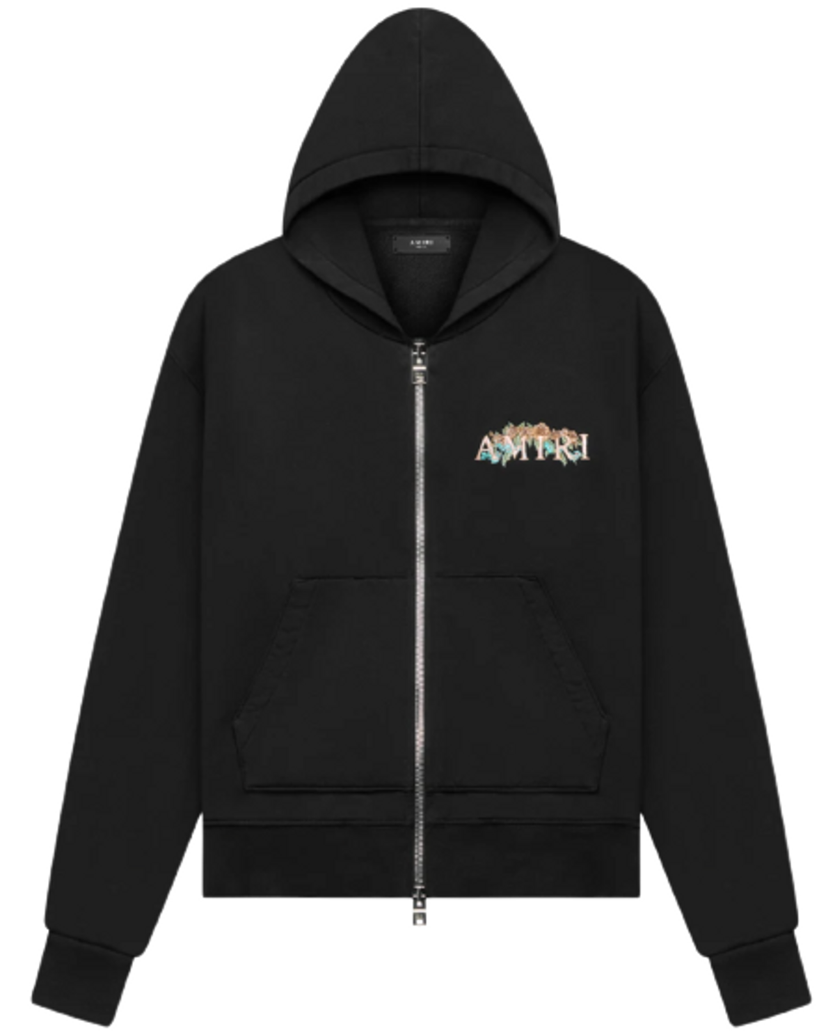 Amiri Floral Core Logo Cherub Heavyweight Brushed Terry Zip Up Black Hoodie