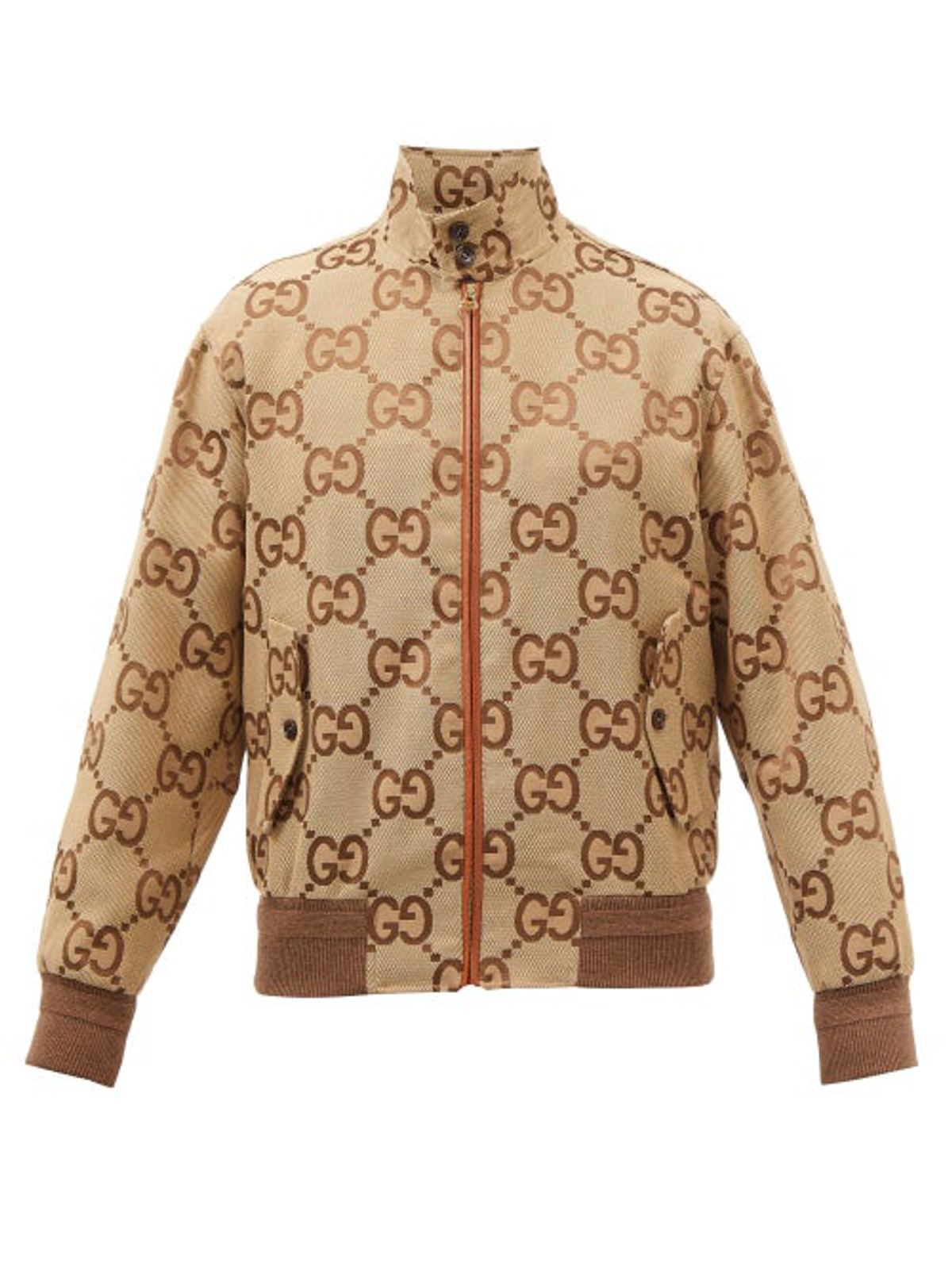 Gucci Gg-jacquard Cotton-blend Canvas Bomber Jacket In Camel