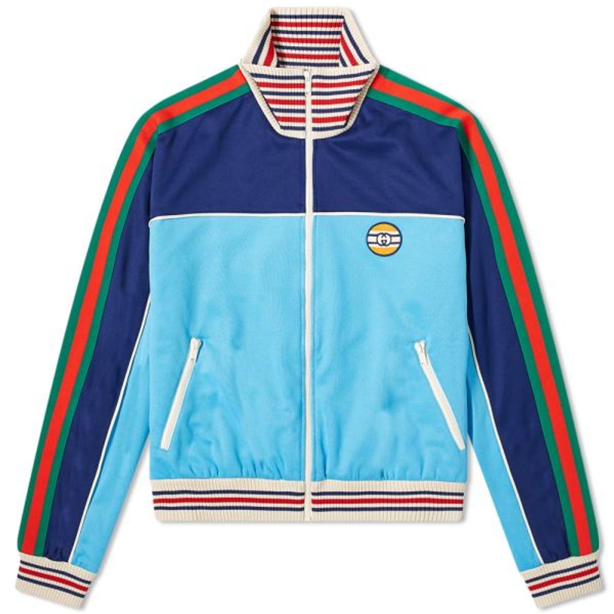 Gucci Funnel-neck Brand-tape Stretch-jersey Jacket In Blue