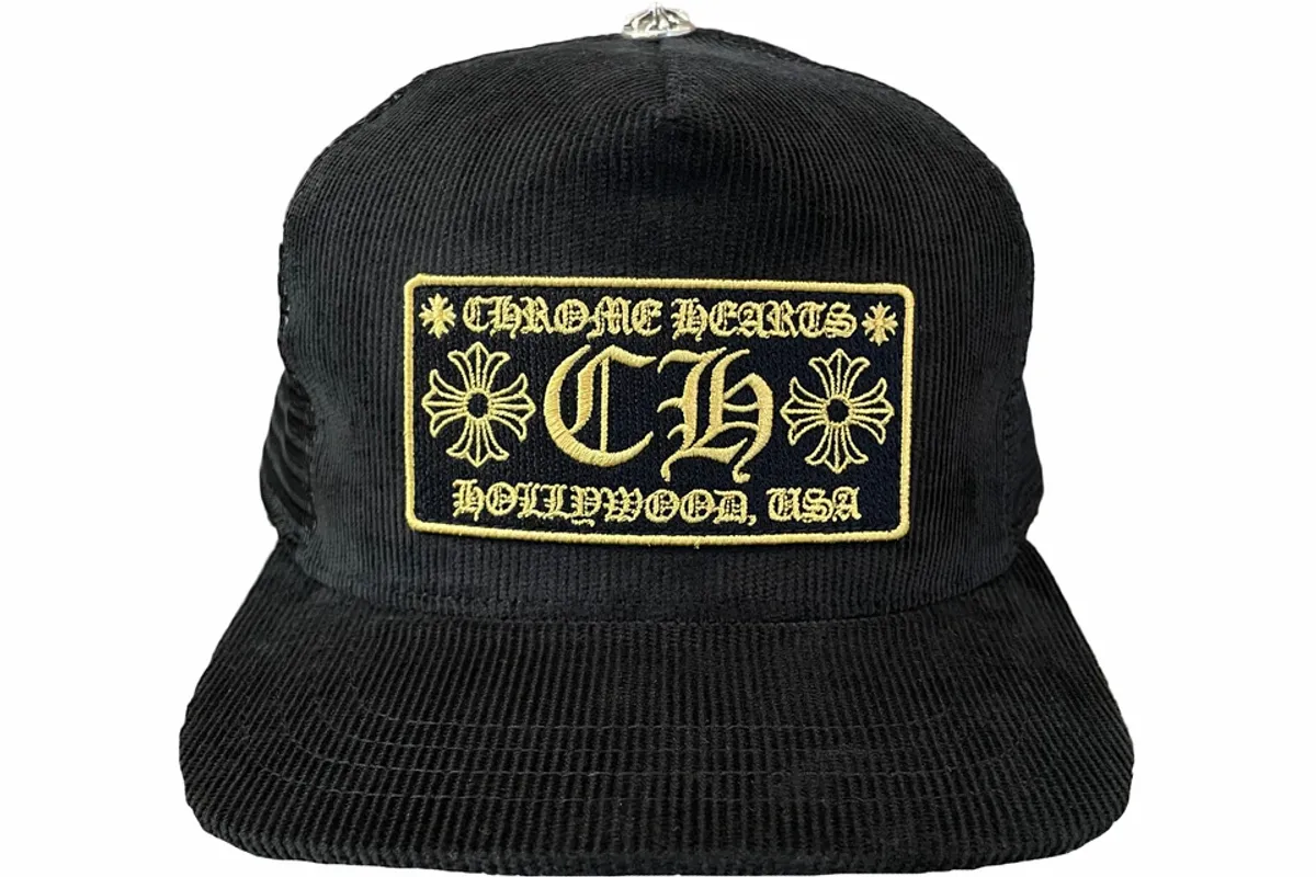 Chrome Hearts CH Hollywood Corduroy Black/Gold Trucker Cap