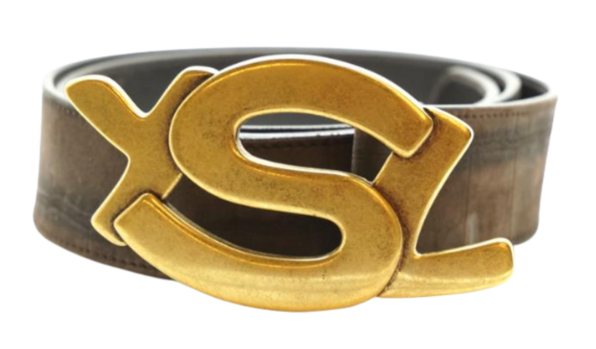 Saint Laurent Dark Brown Logo Gold Buckle Belt
