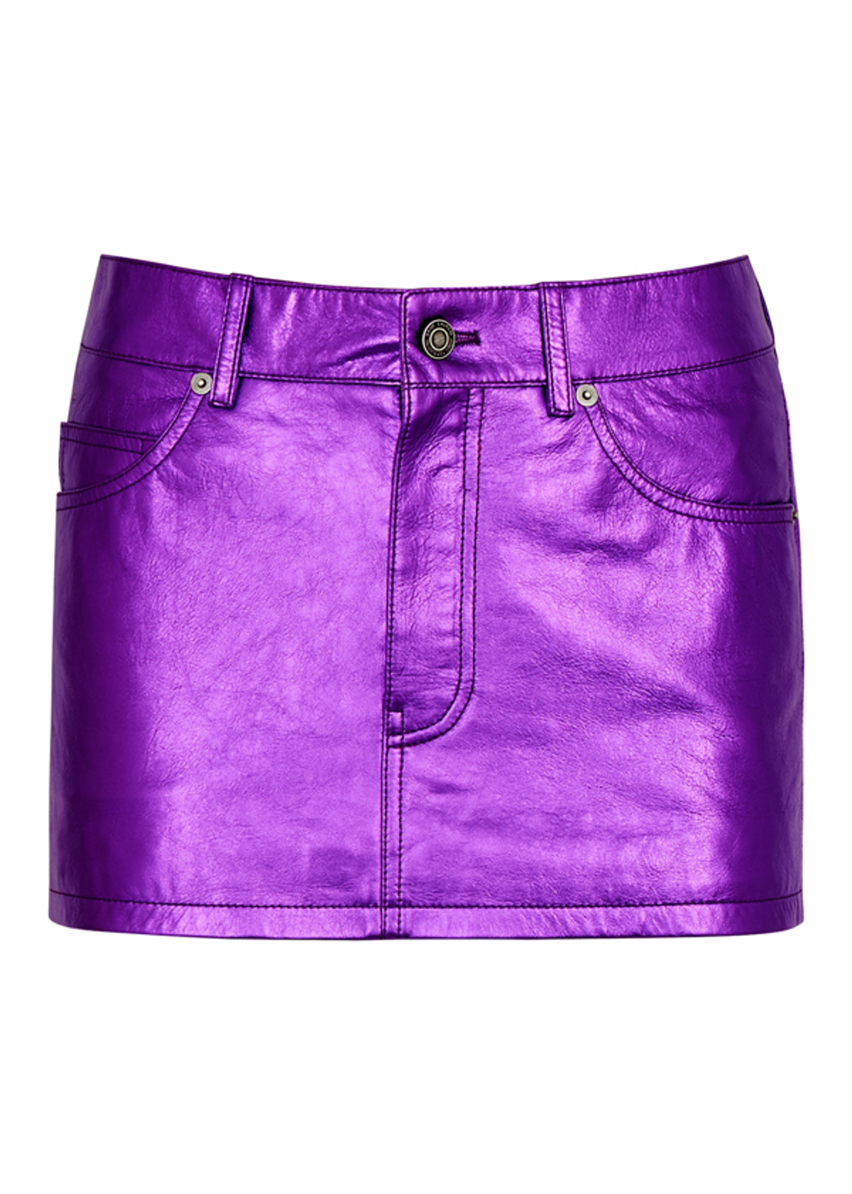 Saint Laurent Metallic Textured Leather Purple Mini Skirt