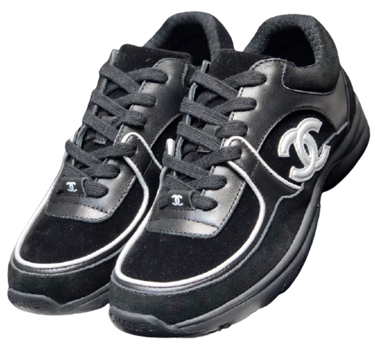 Chanel Black Silver CC Logo Casual Style Sneakers
