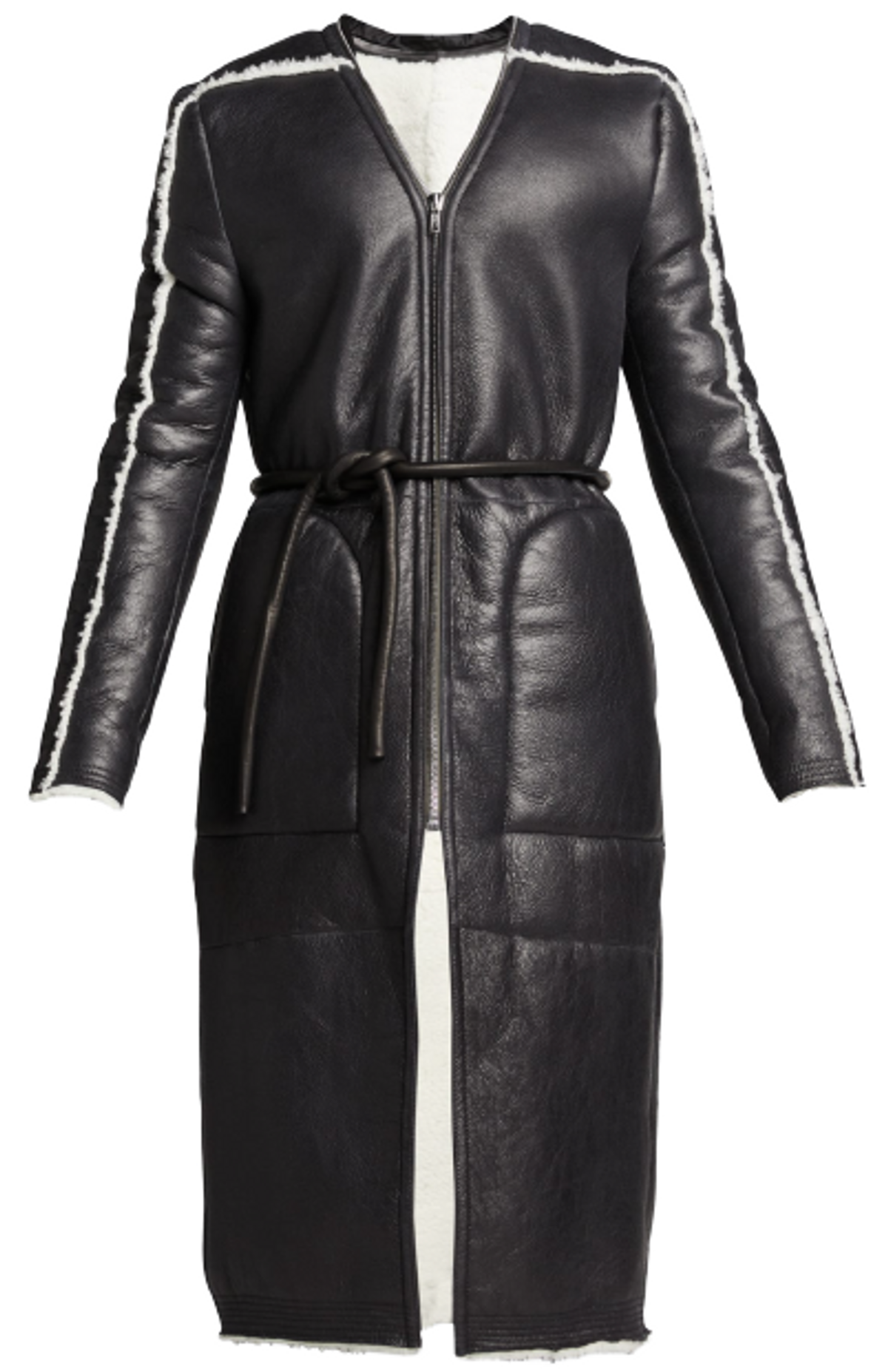 Rick Owens Long Shearling V-Neck Black Coat