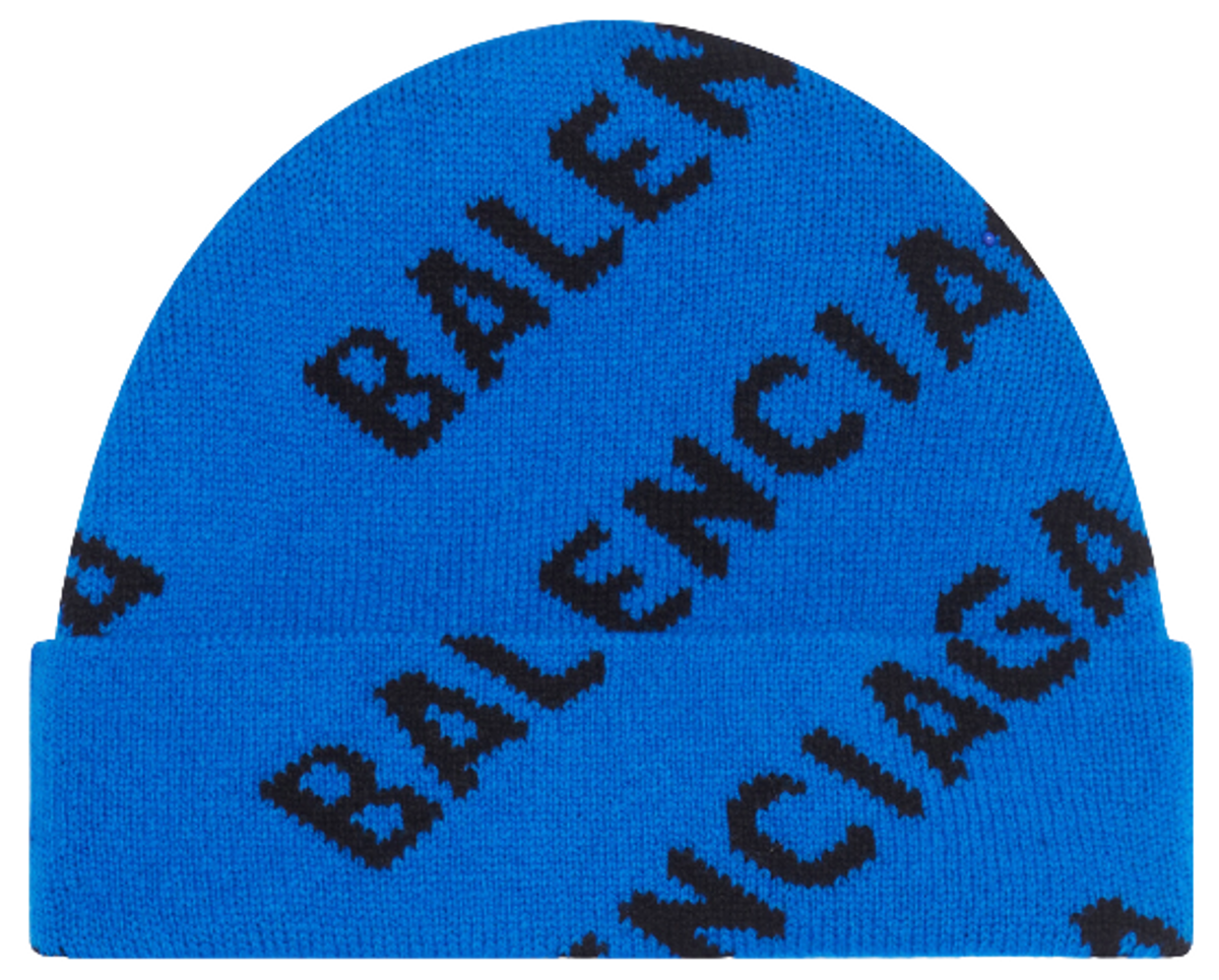 Balenciaga Blue And Black Wool Knit Allover Logo Beanie