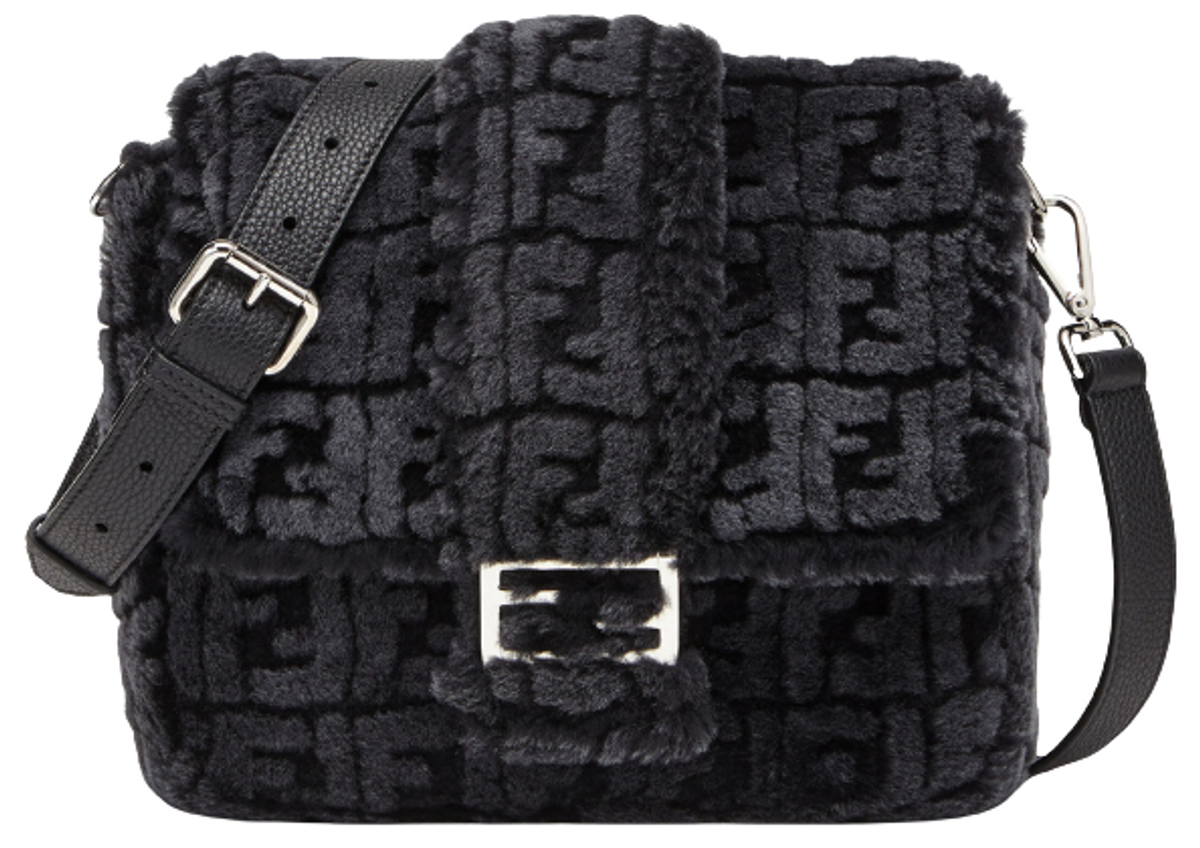 Fendi Black And Gray Shearling Baguette Messenger Bag