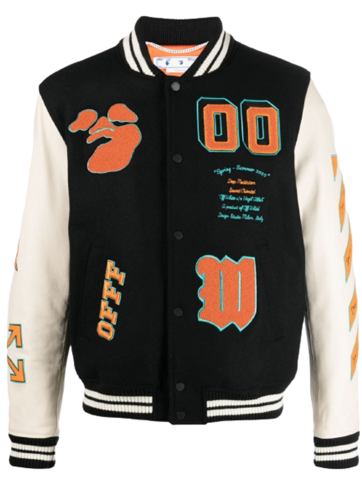 Off-White Schwarz Graphics Leather Varsity Black Orange Jacket
