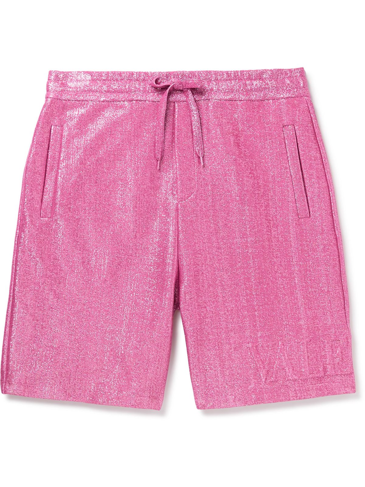 Valentino Logo-embossed Metallic Cotton-blend Jersey Drawstring Bermuda Shorts In Pink