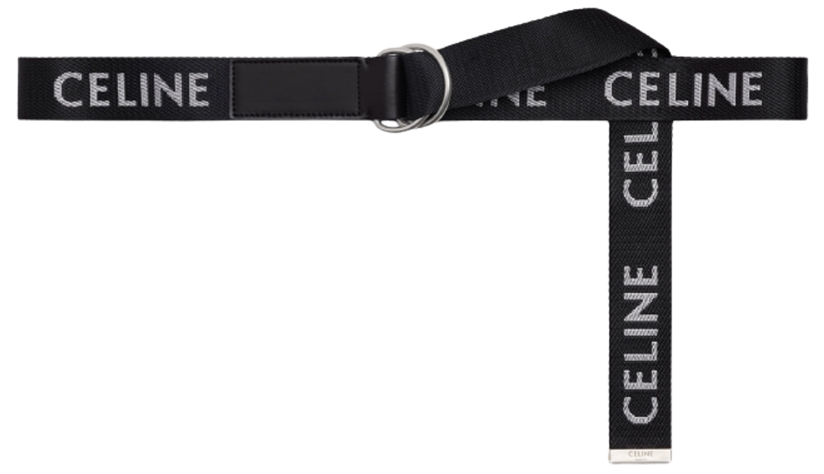 Celine Jacquard Textile And Calfskin Medium Double Ring Black Belt