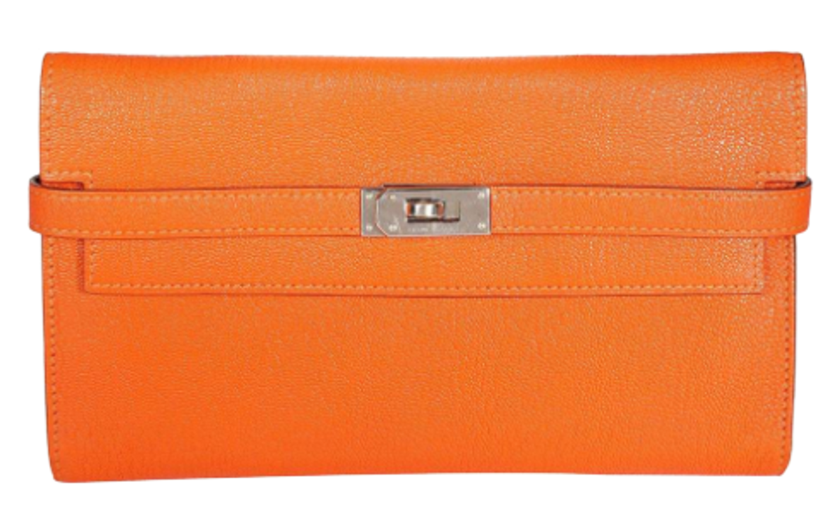 Hermes Orange Chevre Mysore Leather Kelly Wallet