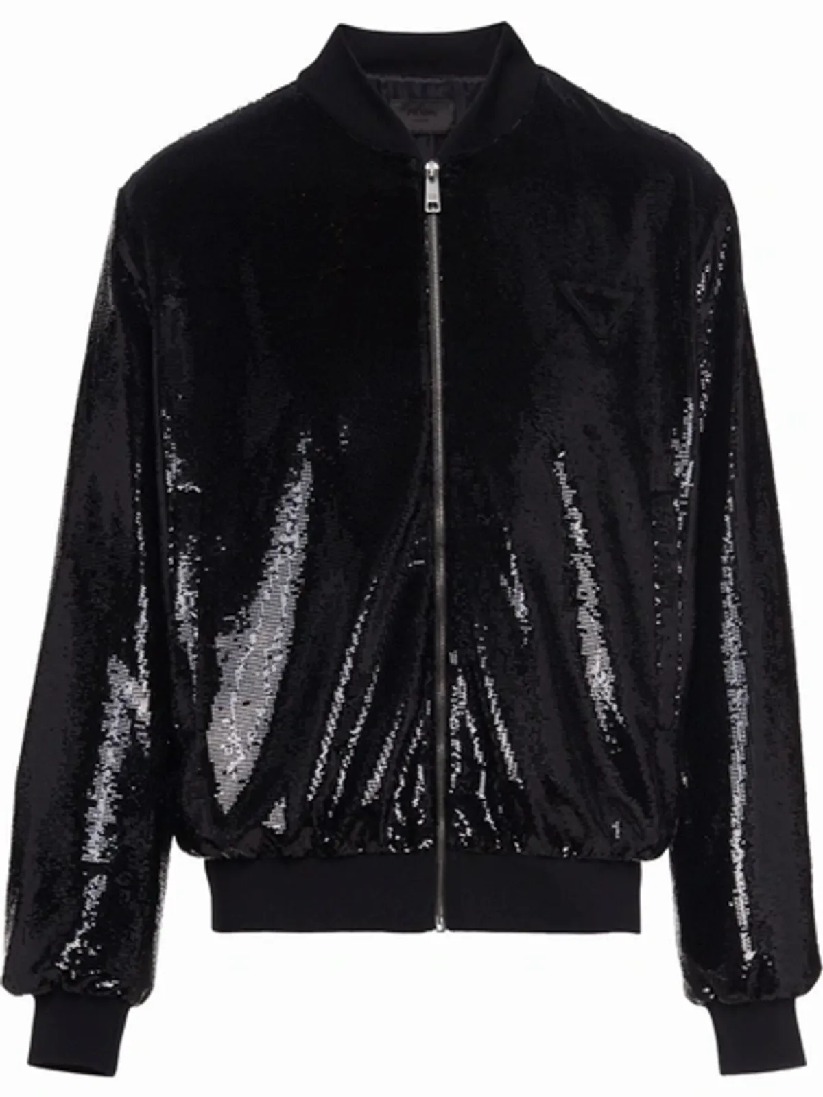 Prada Sequin-Embellished Zip-Front Black Bomber Jacket