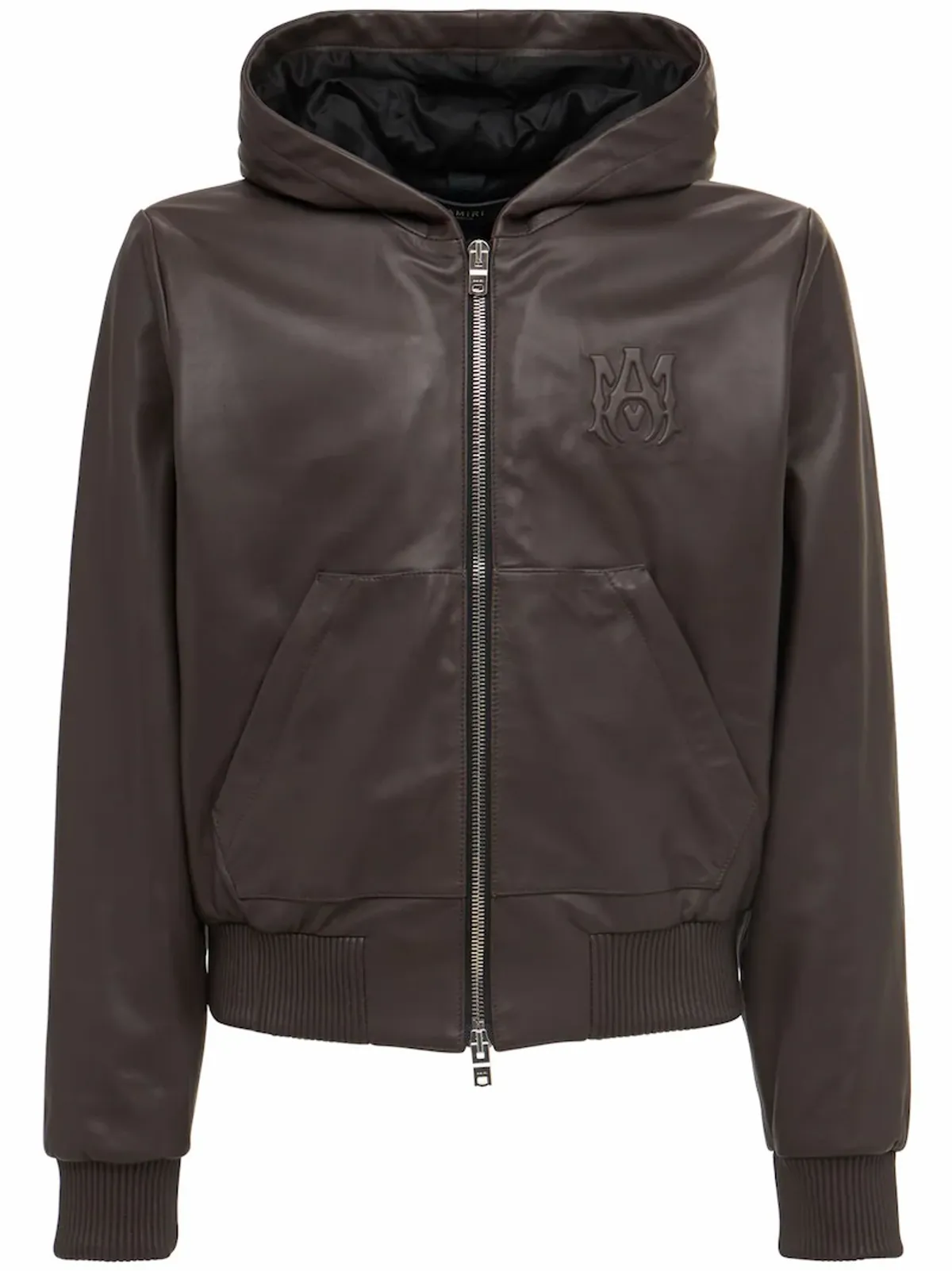 Amiri Ma Logo Leather Brown Zip Hoodie Jacket