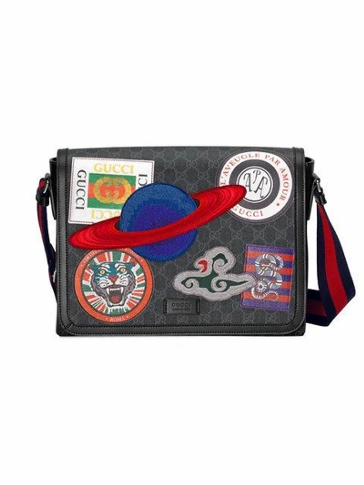 Gucci Supreme Gg Canvas Messenger Bag With Planet Patches In Black