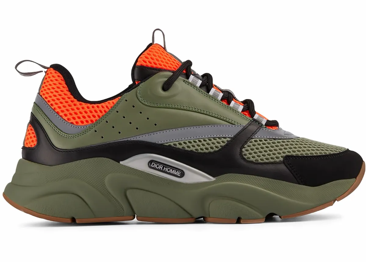 Dior B22 Orange and Olive Technical Mesh Olive and Black Smooth Calfskin Sneakers